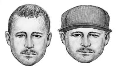 Sketches of the man with and without a baseball cap, who police believe has sexually assaulted five women at different stations on the M line