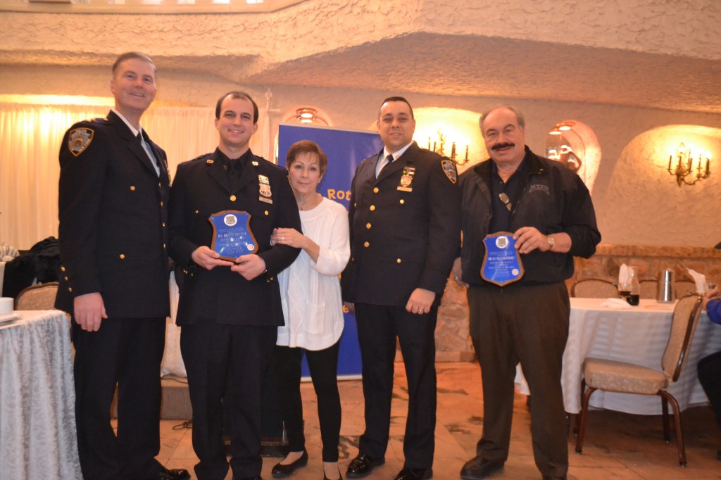 113th Precinct from left: Chief Barrere, P.O. Brett Devine, his mother, Captain Rod Diattini, Iaboni.  