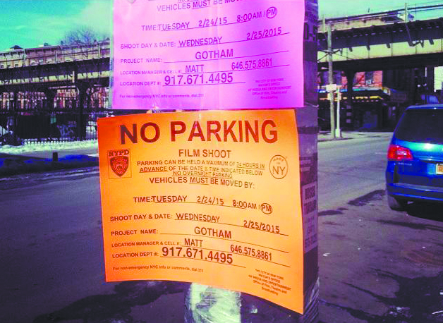 "No parking" notices were posted near Palmetto Street and Seneca Avenue in Ridgewood Tuesday in advance of scheduled filming for the Fox drama "Gotham." (Photo courtesy of Ridgewood Social)