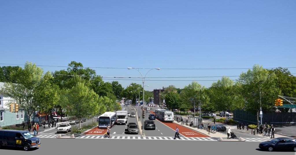 A rendering of a Select Bus Service station on Woodhaven Boulevard at Metropolitan Avenue on the Glendale/Rego Park border. (photo courtesy NYC DOT)