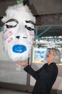 A head sculpture made from trash bags by Beth Williams.