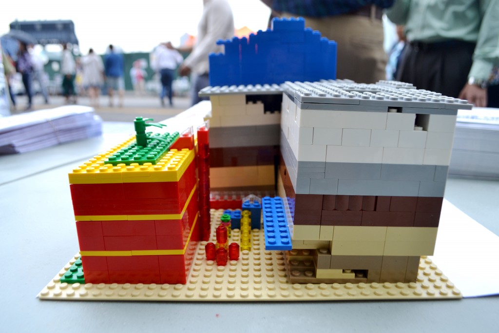 Fourth graders at P.S./I.S. 78 created this Lego model to show the idea of a new building (in red) being constructed to alleviate overcrowding. 