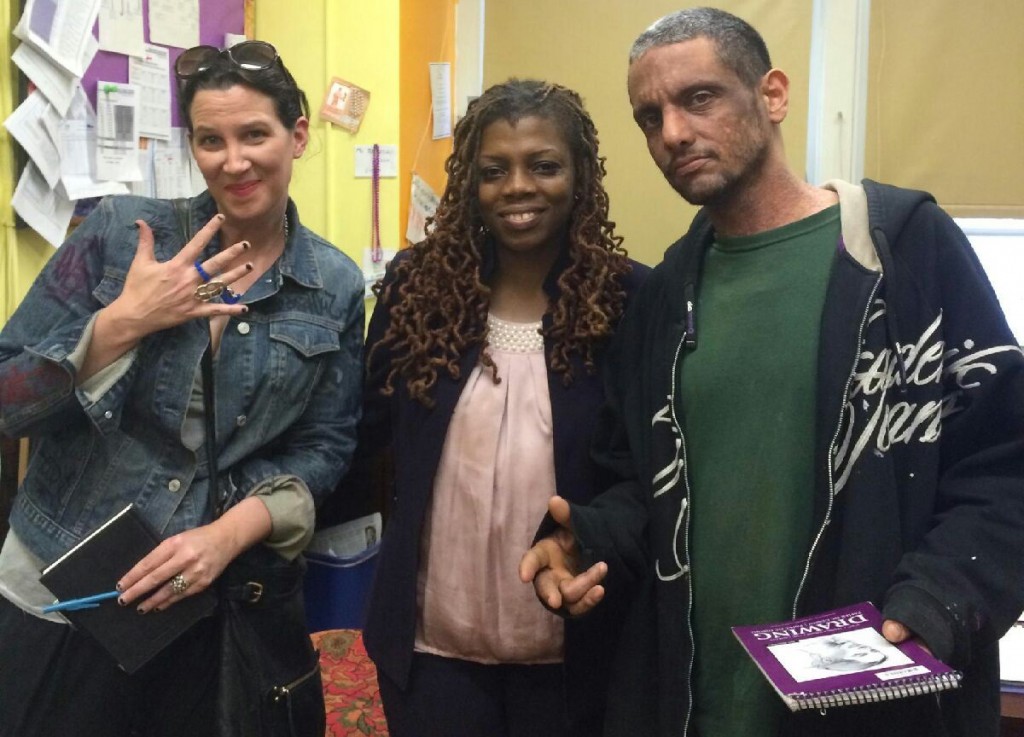 5Pointz curators Marie Cecile Flageul and Jonathan Cohen with August Martin High School Principal Gillian Smith (center). (Photo courtesy of Marie Cecile Flageul)