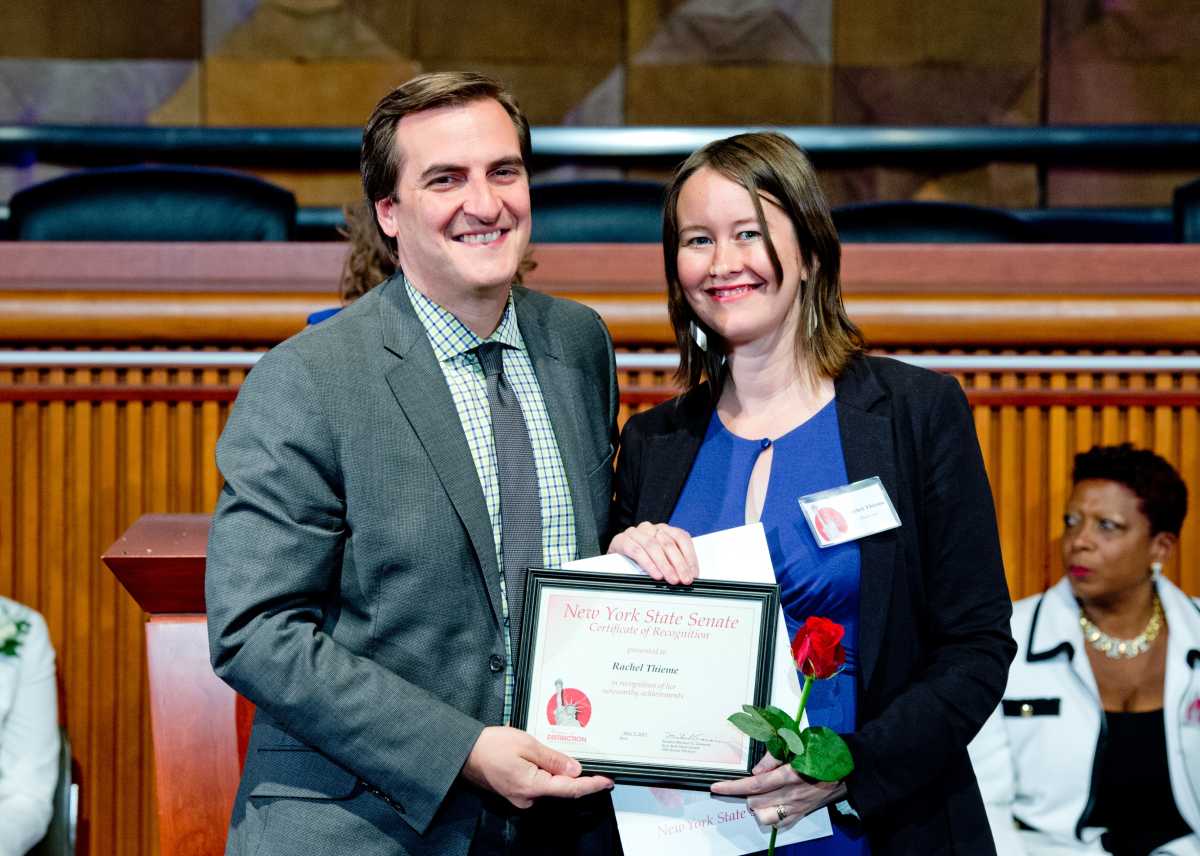 Rachiel Thieme, executive director of the Sunnyside Shines BID, was honored with a Women of Distinction award in Albany.