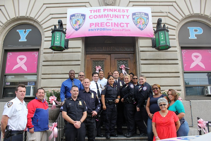 Officers and members of the 104th Precinct in Ridgewood joined Captain Mark Wachter on the precinct steps in a show of support for Breast Cancer Awareness.