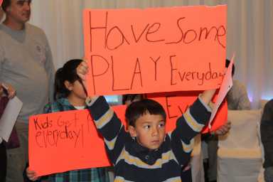 Students and parents of P.S. 166 asked Community Board 1 to approve an application to set up a play street.