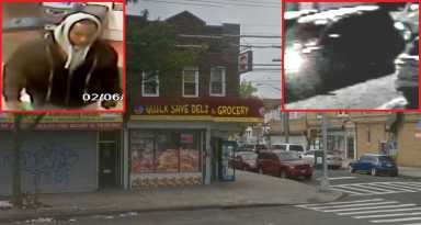 The suspect and getaway car involved in a robbery at this South Ozone Park grocery store earlier this month.