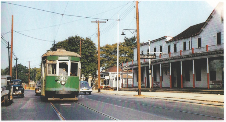 A trolley outside of the old Niederstein's Restaurant.