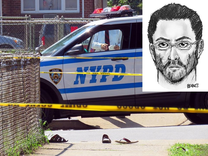The sketch of a man who gunned down the leaders of an Ozone Park mosque on Saturday.