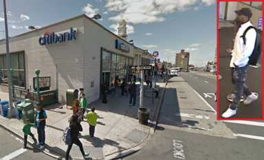At right, a security camera image of the suspect wanted for a robbery attempt at this Jamaica bank on Friday.