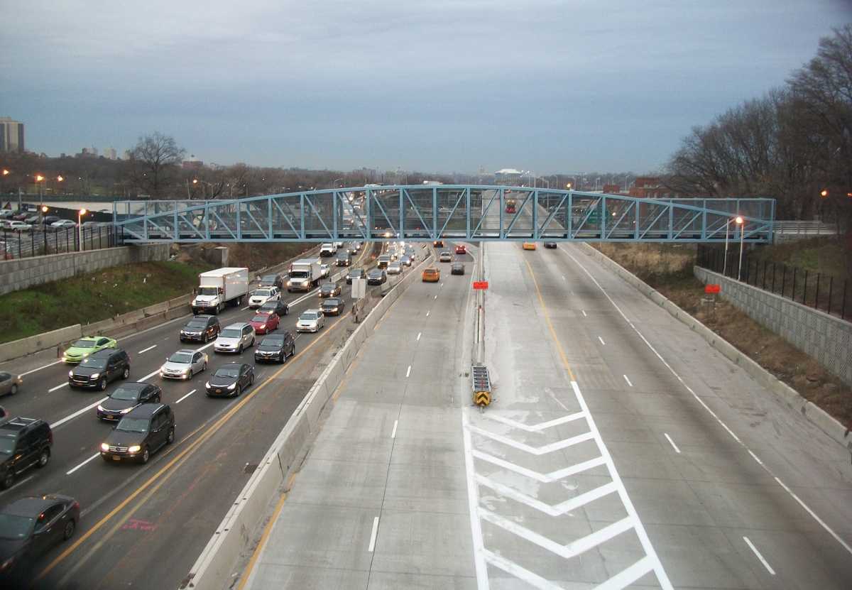 The newly reconstructed Van Wyck Expressway in Kew Gardens, looking northbound near Hoover Avenue.