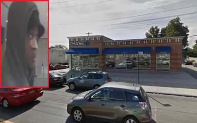The bandage-wearing suspect behind the Oct. 26 robbery of this Chase bank in Cambria Heights.