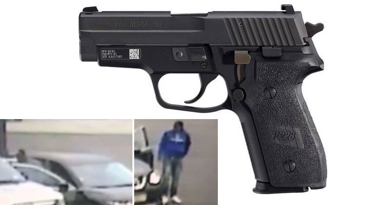 The inset shows a grainy security camera image of the suspect who stole a park ranger's gun in Howard Beach.