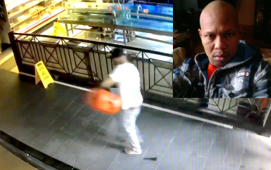 Video footage shows a man, identified as Andrew Chung (inset), pouring gasoline inside of Islander Seafood in Elmhurst on April 4.