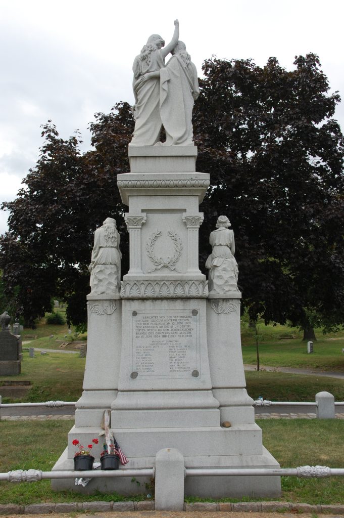 The back of the Slocum Memorial in Middle Village lists, in German, the names of those who perished on board the pleasure boat.