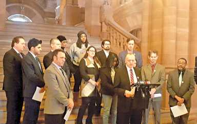 Brendan Levy of The Queens Chamber of Commerce speaks in support of Amazon locating their new headquarters in Long Island City.