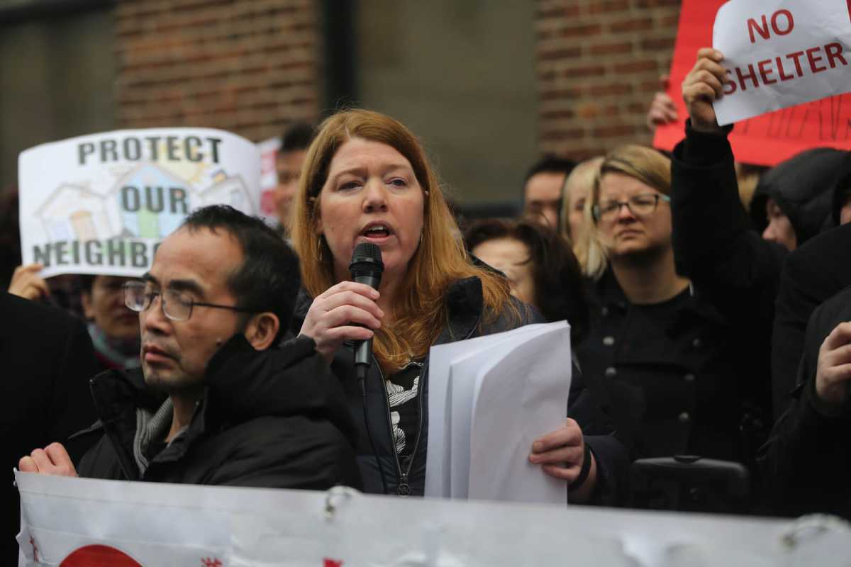 Jennifer Shannon addresses the crowd at the Feb. 24 rally in College Point.