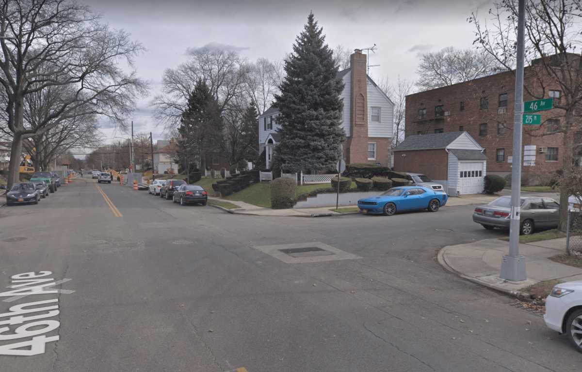 The intersection of 215th Street and 46th Avenue in Bayside, where a pedestrian was struck and critically injured on March 11.