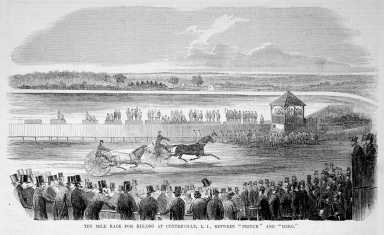 This sketch of a $10,000 match race between trotters Prince and Hero at Centreville Course