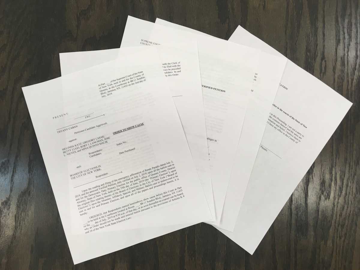 A copy of the lawsuit filed by Democratic primary candidate Tiffany Cabán in the Queens district attorney primary.