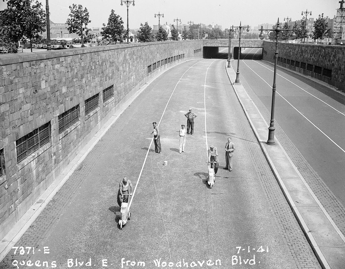 Crews painting the lines on the Queens Boulevard freeway in Elmhurst back in 1941.