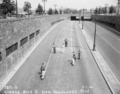 Crews painting the lines on the Queens Boulevard freeway in Elmhurst back in 1941.