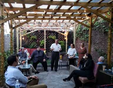 State Senator Joe Addabbo addresses attendees at an Aug. 15 meeting in Glendale on plans to resurrect the dormant Glendale Chamber of Commerce.