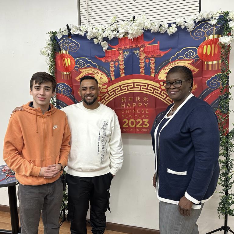COPCP Communications Director Daniel Hill, COPCP President Iqbal Ali and Senator Roxanne Persaud at the COPCP Lunar New Year celebration at the Deshi Senior Center on Saturday, Jan. 28.
