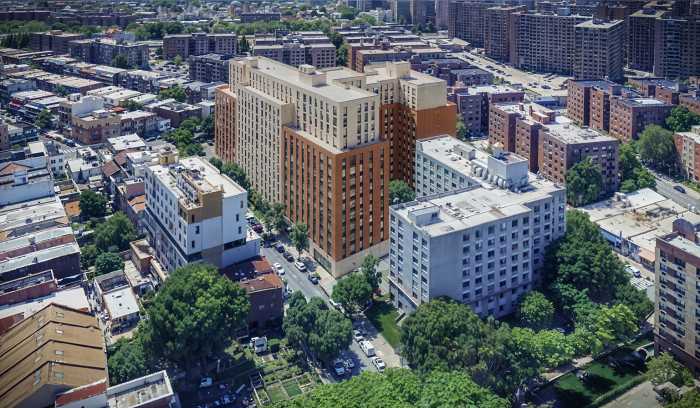 Renderings for a new affordable housing development in Corona proposed by the team behind Metropolitan Park.