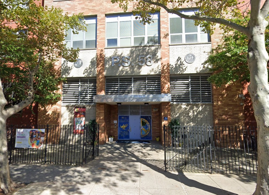 The entrance to P.S. 58 on Grand Avenue, which local leaders say is too close to a proposed cannabis dispensary under state law.