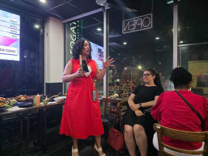 Erycka Montoya addresses supporters at Asadero La Fogata on Corona Avenue after polls closed on Tuesday. Photo: Shane O'Brien.