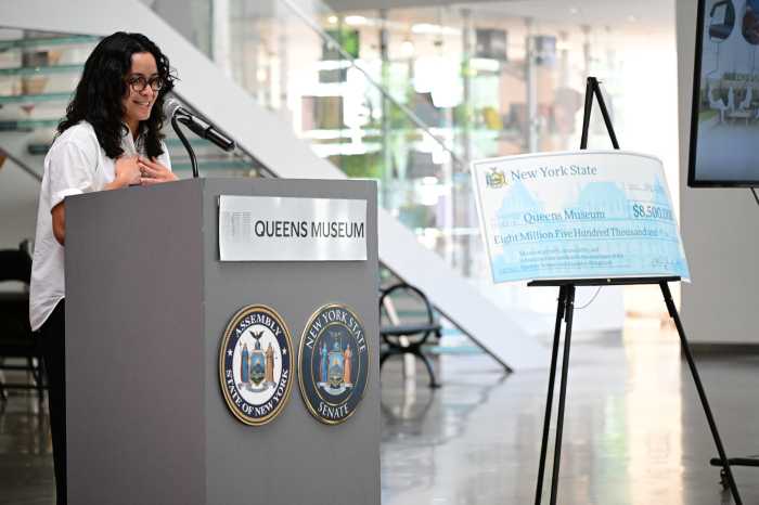 Assembly Member Claire Valdez speaks at Queens Museum on Monday. Photo: Ramy Mahmoud.