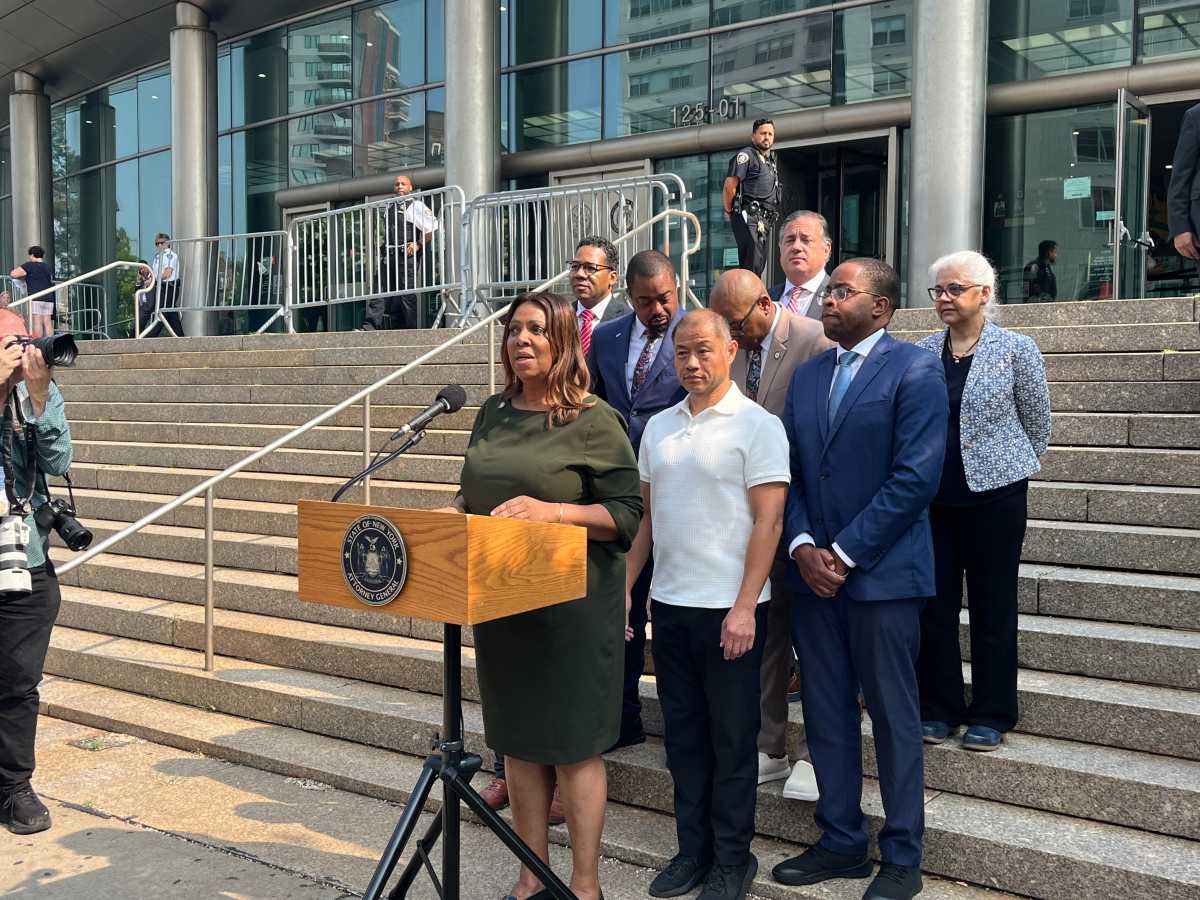New York State District Attorney Letitia James held a press conference on Thursday Aug. 7, detailing the first criminal case under recently passed legislation that criminalizes deed theft.
