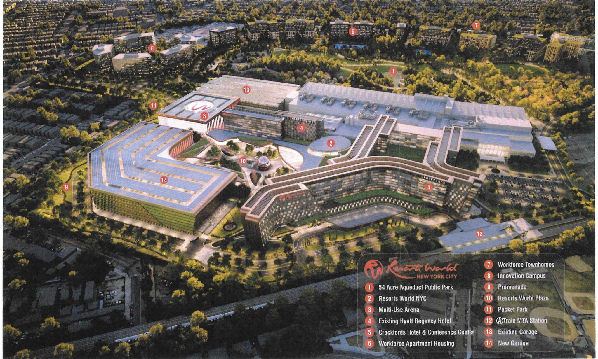 The integrated resort would include a 7,000-seat multi-purpose arena, 2,000 hotel rooms, 7,000 parking spaces, and 30 restaurants and bars.
