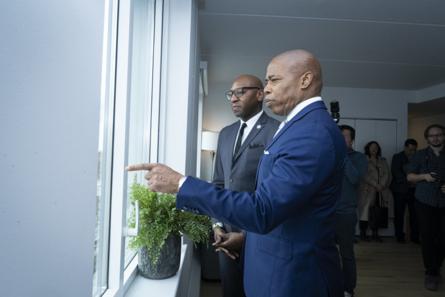 Mayor Eric Adams delivers remarks at a ribbon-cutting ceremony for an affordable housing development in Astoria, Queens on Wednesday, May 3, 2023. Caroline Rubinstein-Willis/Mayoral Photography Office